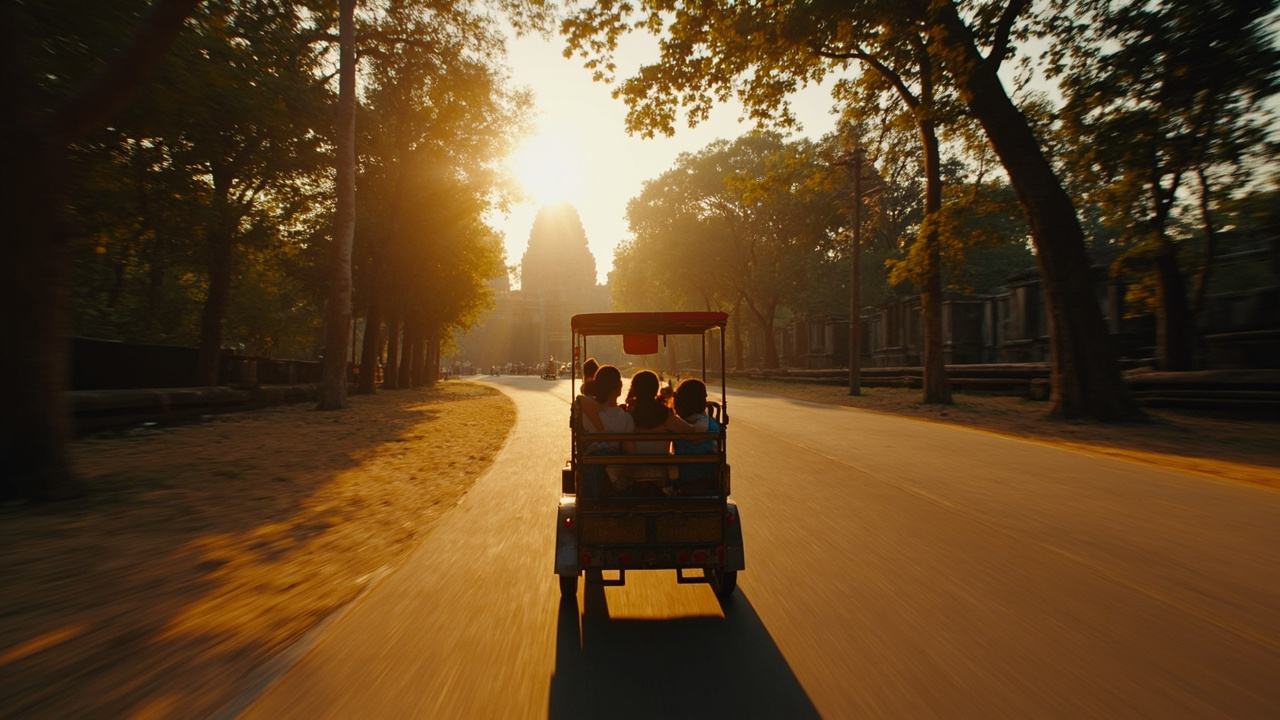 Australian family riding in a tuk-tuk near the Angkor temples in warm afternoon light, no faces in close-up