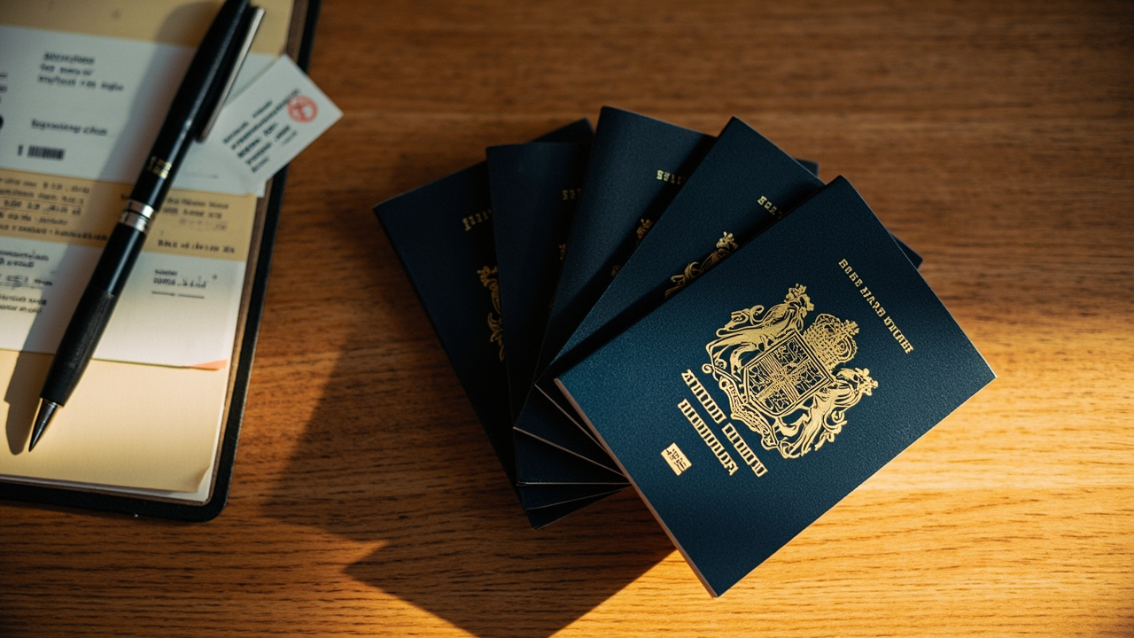 Overhead flat-lay of four Australian passports stacked together on a warm wooden desk, no faces visible inside