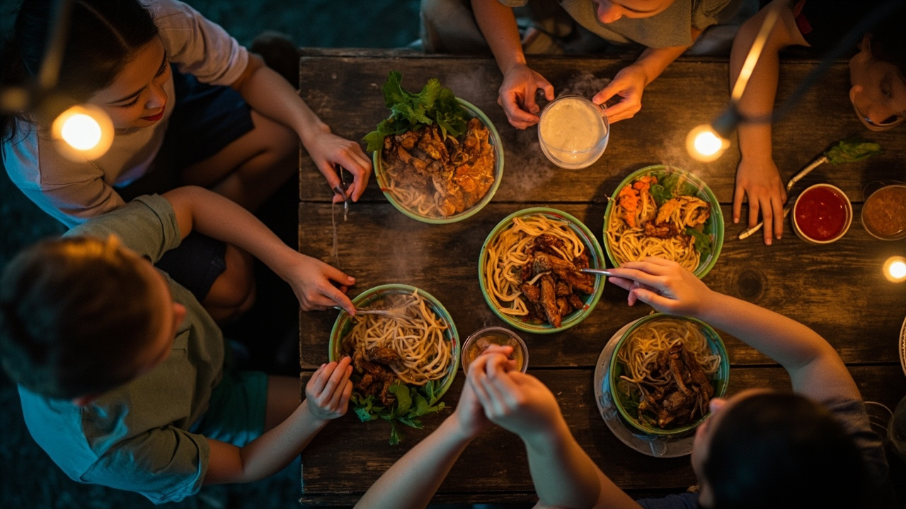 Overhead warm street-food scene at a roadside table in Phnom Penh with two adults and two kids, faces in soft focus