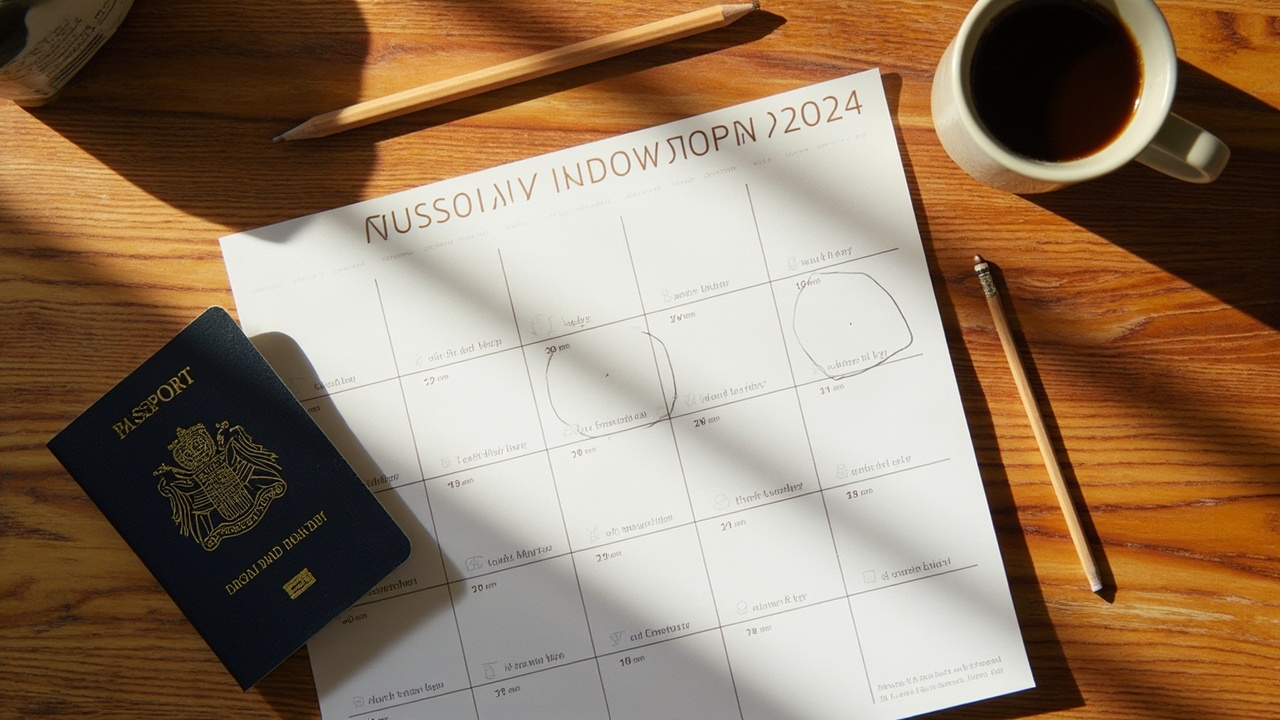 Overhead wall calendar with circled school-holiday windows beside an Australian passport on a warm wooden desk