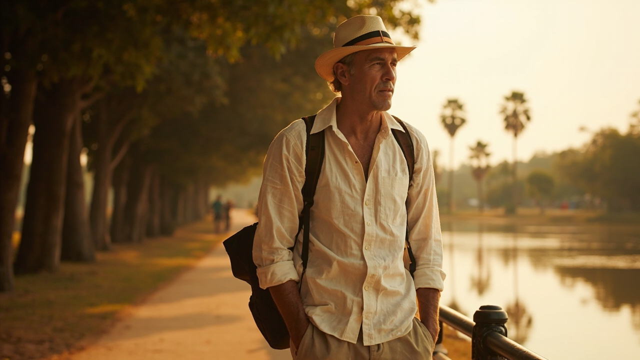 Australian traveller in light cotton clothes standing on a quiet Siem Reap riverside path in soft late-afternoon dry-season light