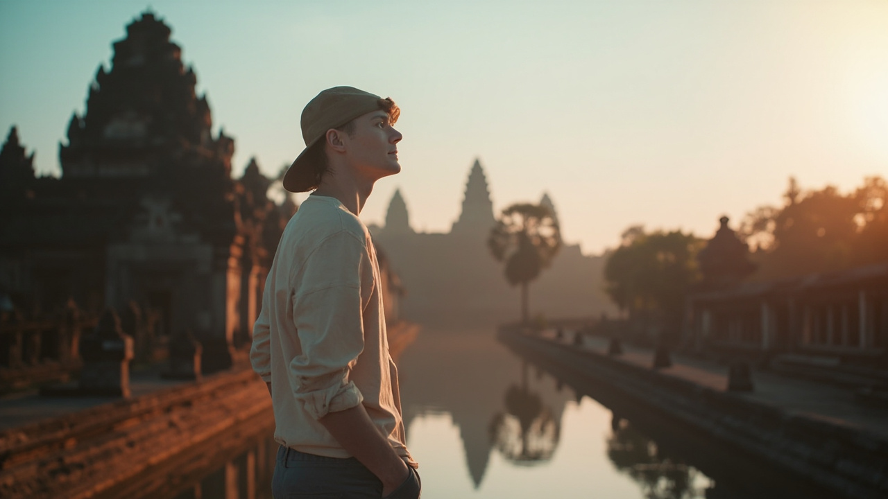 Australian traveller in a light jumper watching a cool-dry-season Cambodian sunrise over a temple complex from a respectful distance