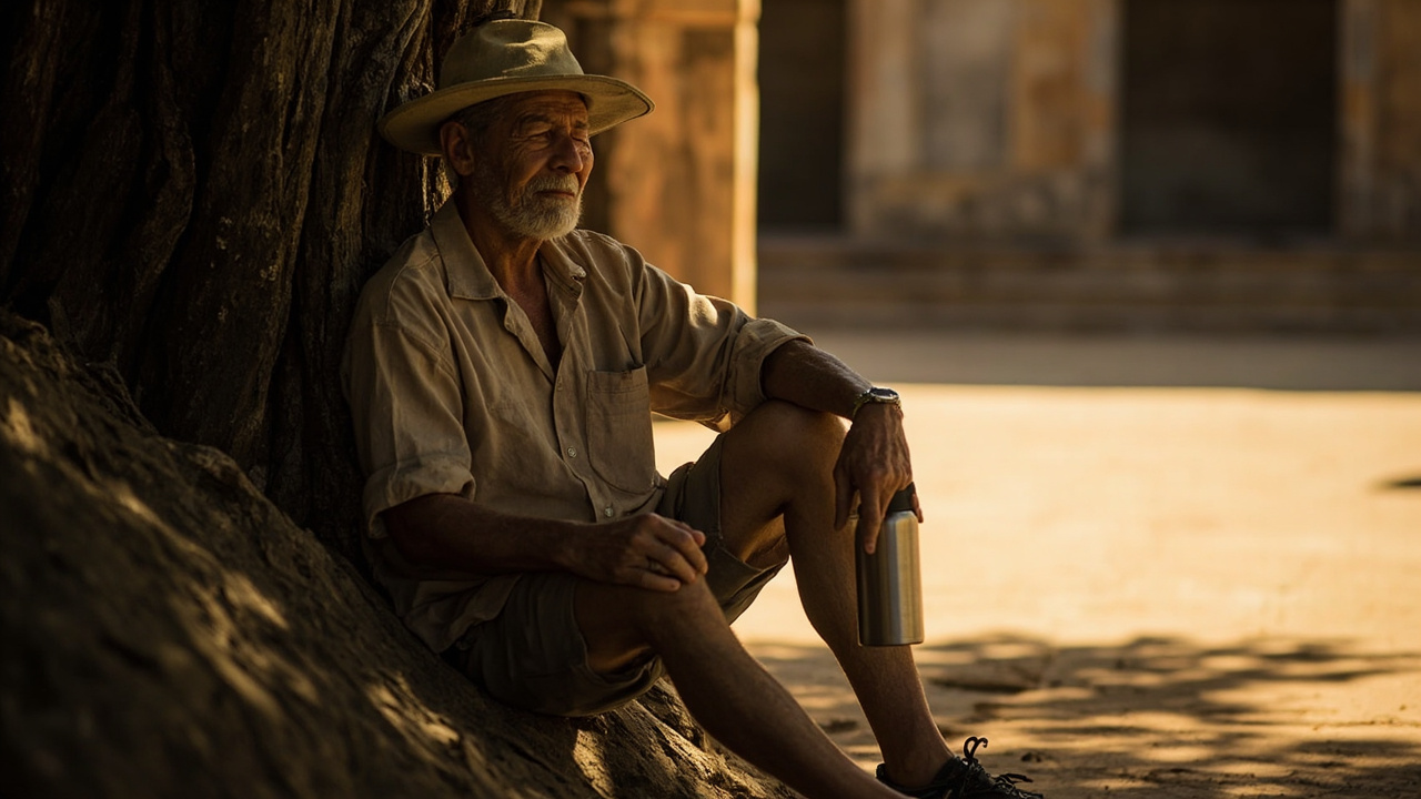 Australian traveller resting in deep tree shade with a water bottle in the punishing hot-dry-season midday heat in Cambodia