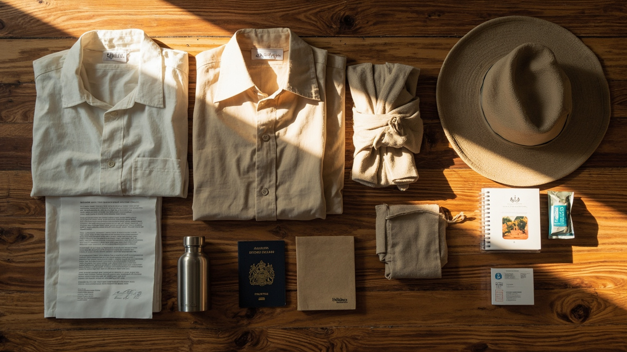 Overhead flat-lay of seasonal Cambodia packing — light cotton, sun hat, rain shell, refillable bottle, on a warm timber desk