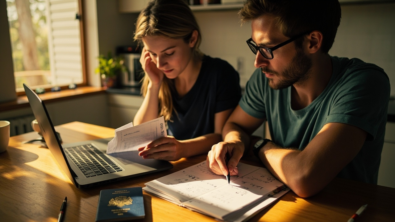 Australian couple in their 30s budgeting a Cambodia trip at a sunlit kitchen table with a laptop, paper notepad, and Australian passport