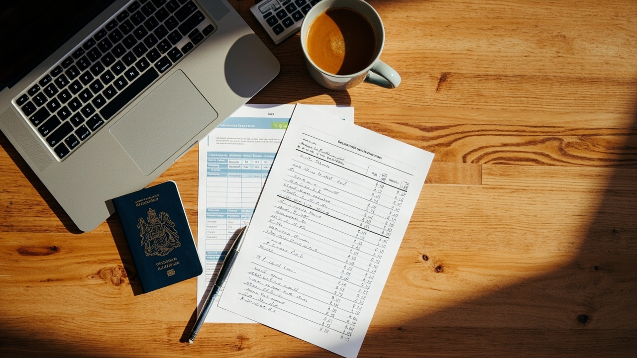Overhead flat-lay of a paper budget worksheet with a laptop, calculator, passport, and coffee cup on a timber desk