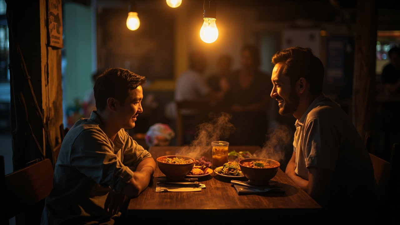Australian couple sharing a casual market-side meal at a low timber table in Phnom Penh in soft evening light