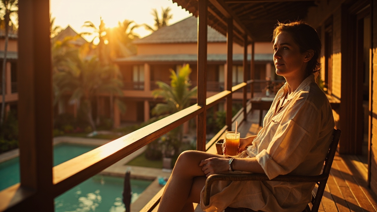 Australian traveller relaxing on the timber balcony of a mid-tier Siem Reap boutique hotel at golden hour