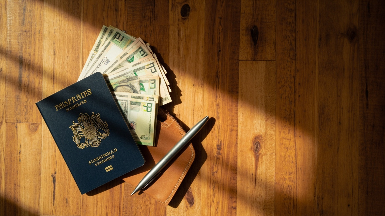 Overhead flat-lay of a USD cash float, an Australian passport, and a leather wallet on a warm timber table