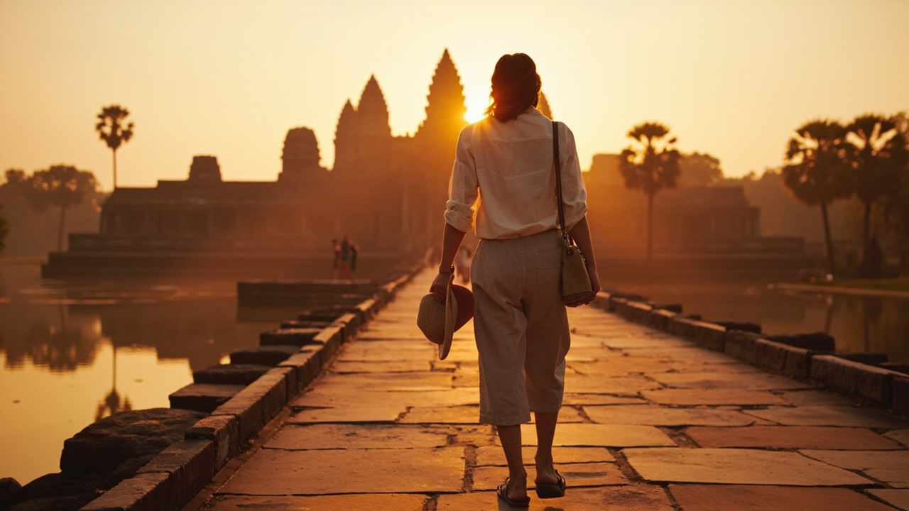 Solo Australian woman in linen shirt and wide-brimmed hat walking the causeway toward Angkor Wat at sunrise, golden tones, calm confident composition, no signage visible