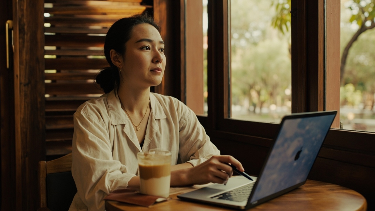 Solo Australian woman working calmly at a small cafe table in Siem Reap with iced coffee, notebook and laptop, warm late-morning light