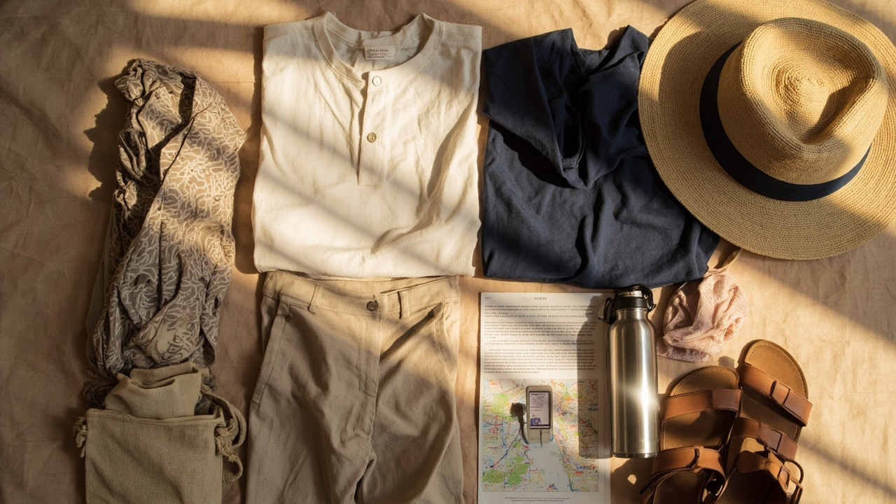 Flat-lay of a respectful Angkor temple outfit — light linen shirt, loose pants, sarong, day-bag, sandals — on a textured warm-neutral surface