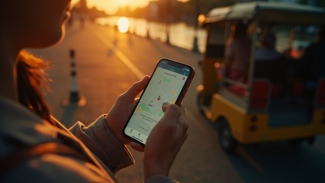 Solo female traveller's hand holding a smartphone showing a ride-hail app interface while waiting curbside for a tuk-tuk in warm evening Phnom Penh light