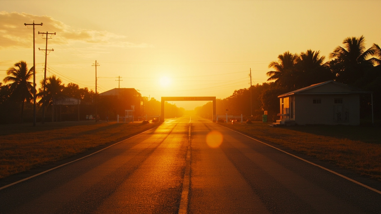 Empty rural border checkpoint at golden hour, no traffic and no specific signage, calm quiet composition