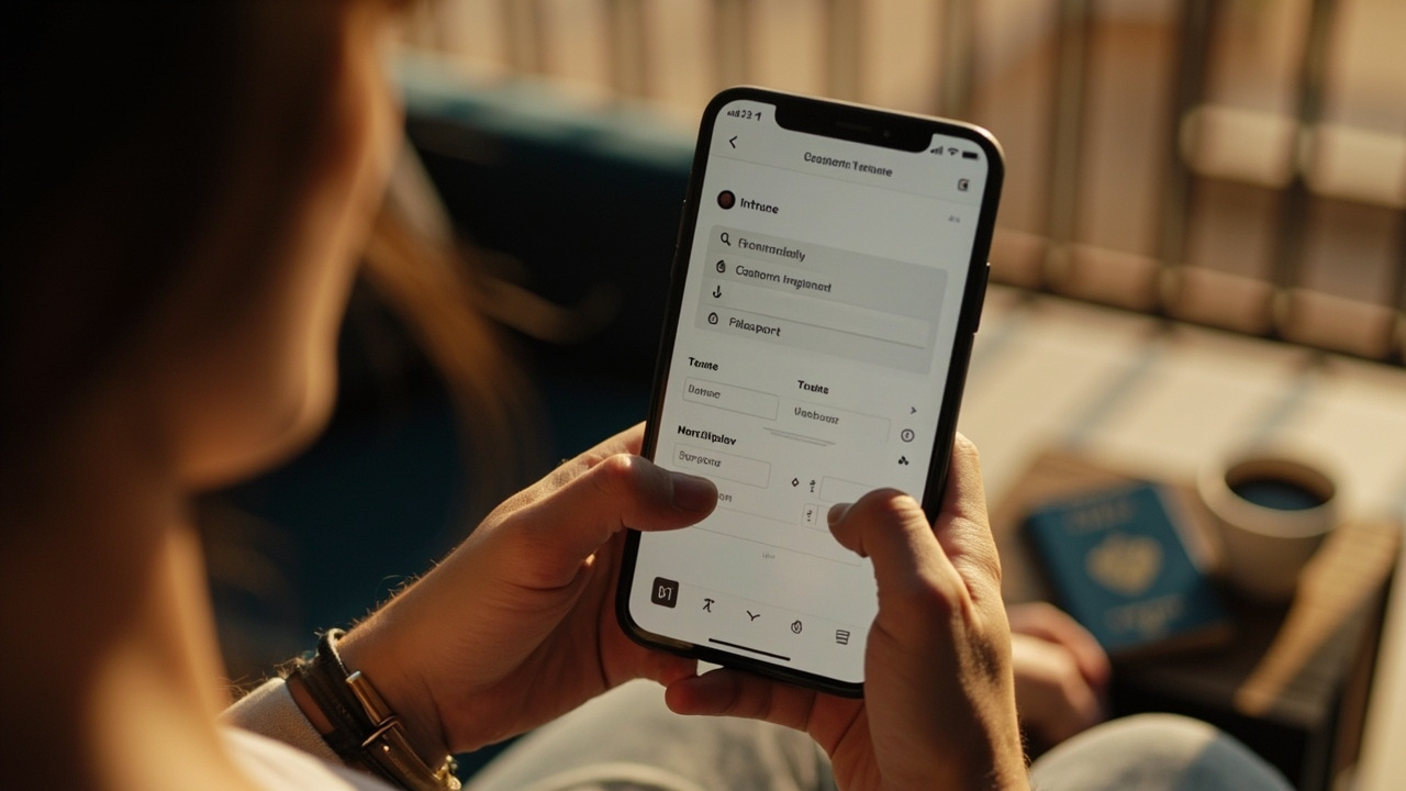 Australian traveller filling a generic mobile arrival form on a smartphone in warm afternoon light