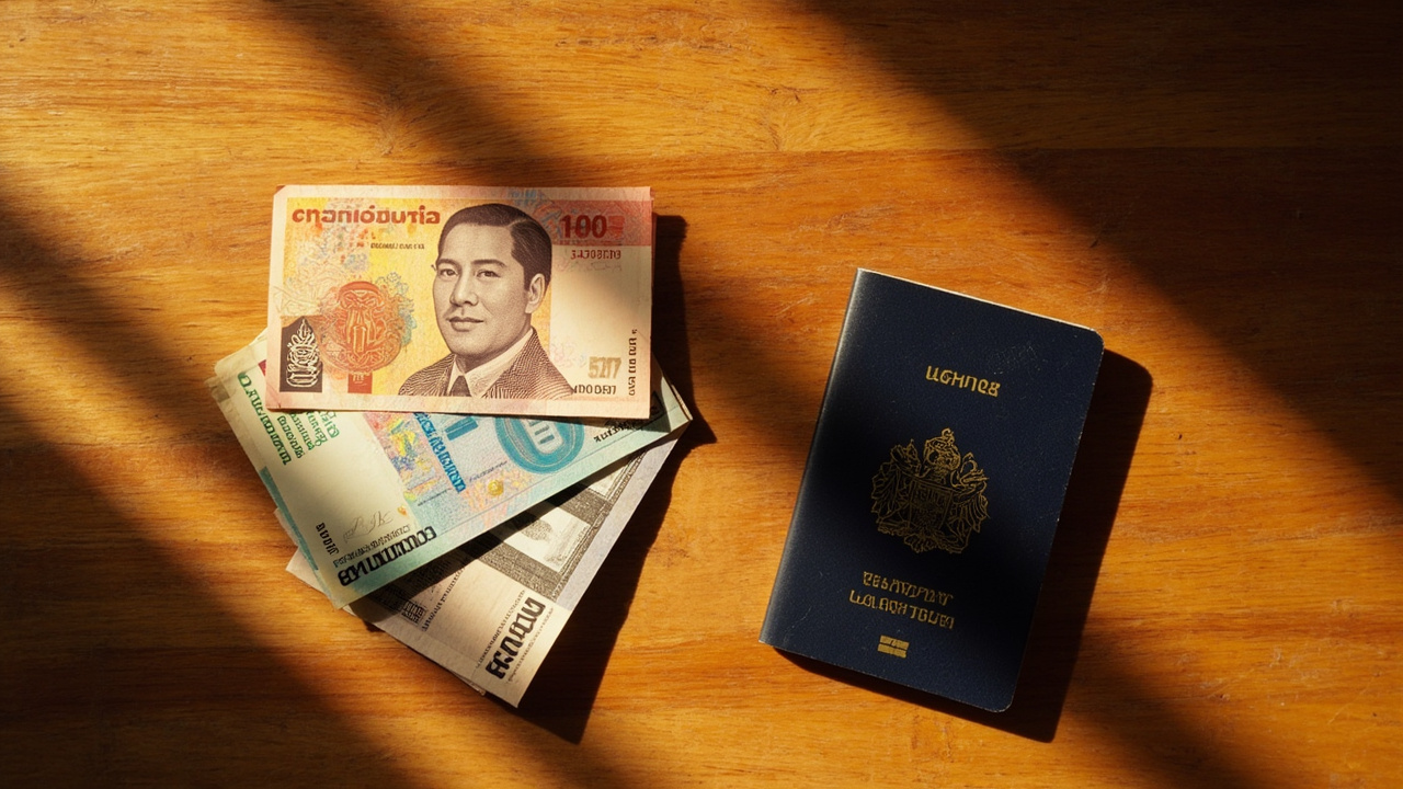 Overhead flat-lay of Cambodian Riel banknotes beside small USD notes on a warm wooden surface