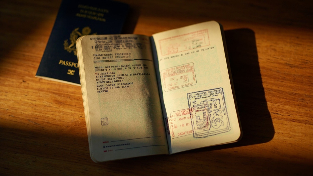 Overhead view of an Australian passport open to a page showing soft-focus older entry stamps at golden hour on a warm wooden desk