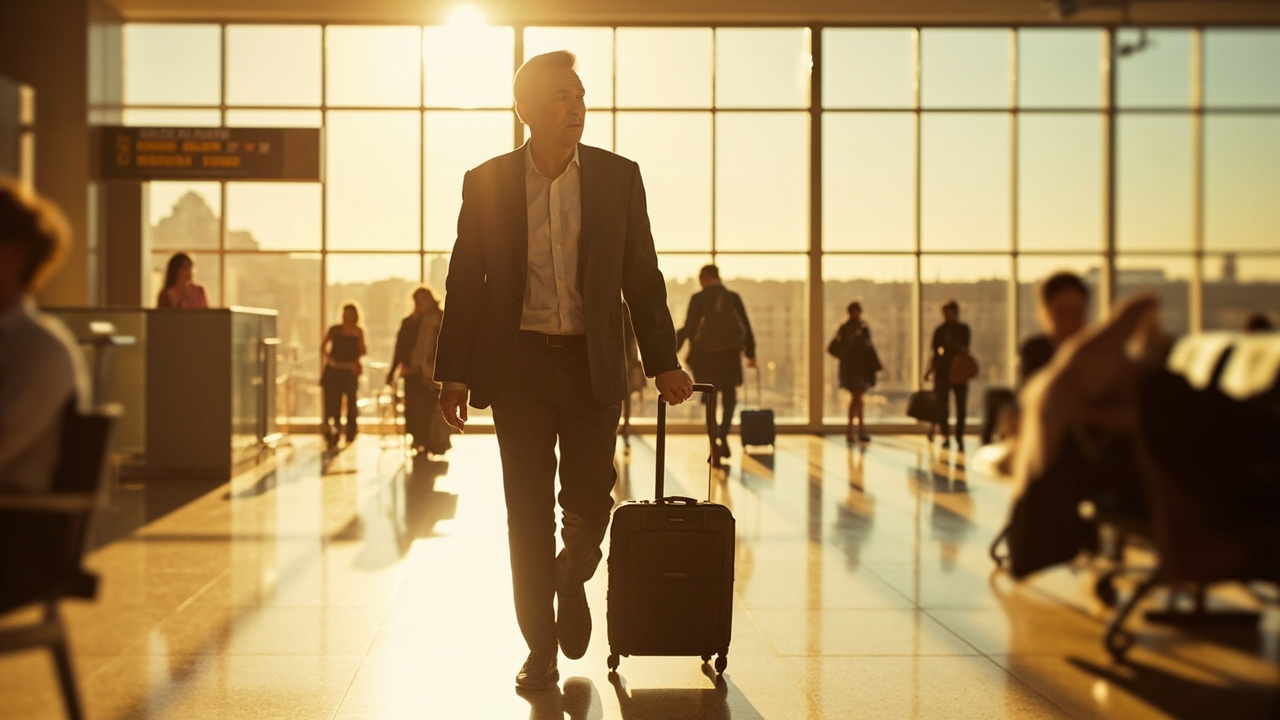 Australian business traveller walking through a sunlit international airport terminal with a small carry-on, calm and unhurried