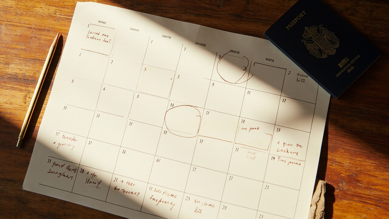 Overhead flat-lay of a wall calendar with several circled trip-week dates beside an Australian passport on a warm wooden desk