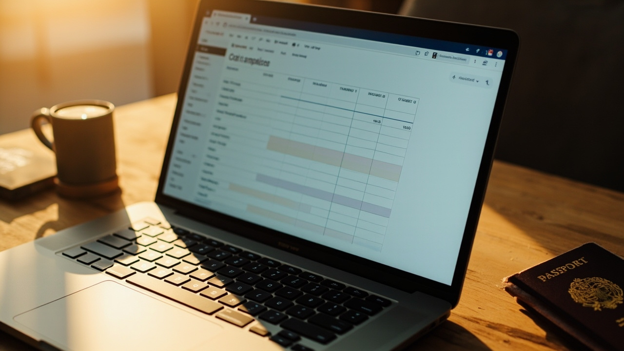 Close-up of a laptop screen showing a generic cost-comparison spreadsheet UI with soft unreadable columns and rows, in warm afternoon light