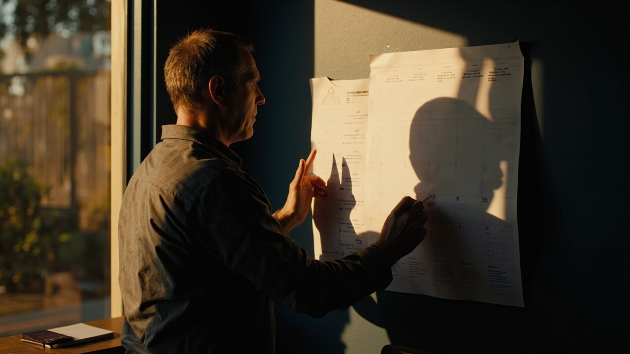 Australian traveller planning three trips across a wall calendar in a warm sunlit home office