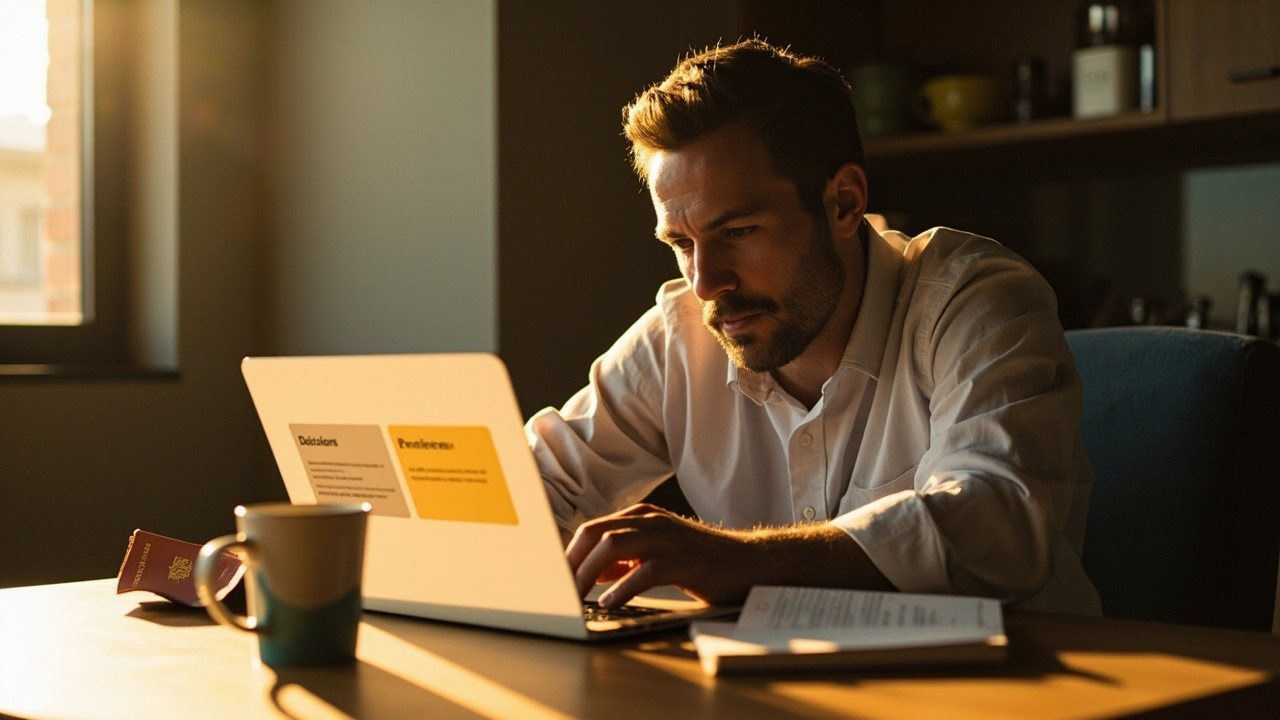 Mid-30s Australian comparing Tourist and Business visa options on a laptop at a sunlit kitchen table