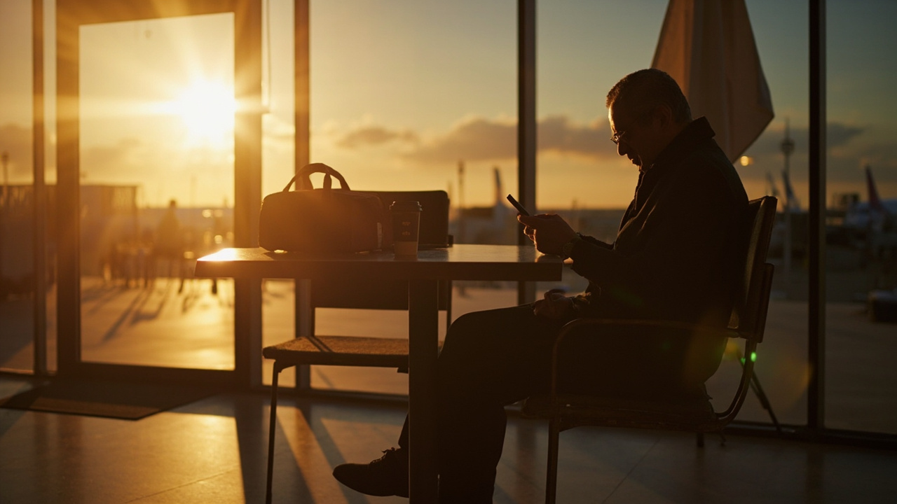 Mid-40s Australian traveller reading on a smartphone at a quiet airport cafe table at dawn