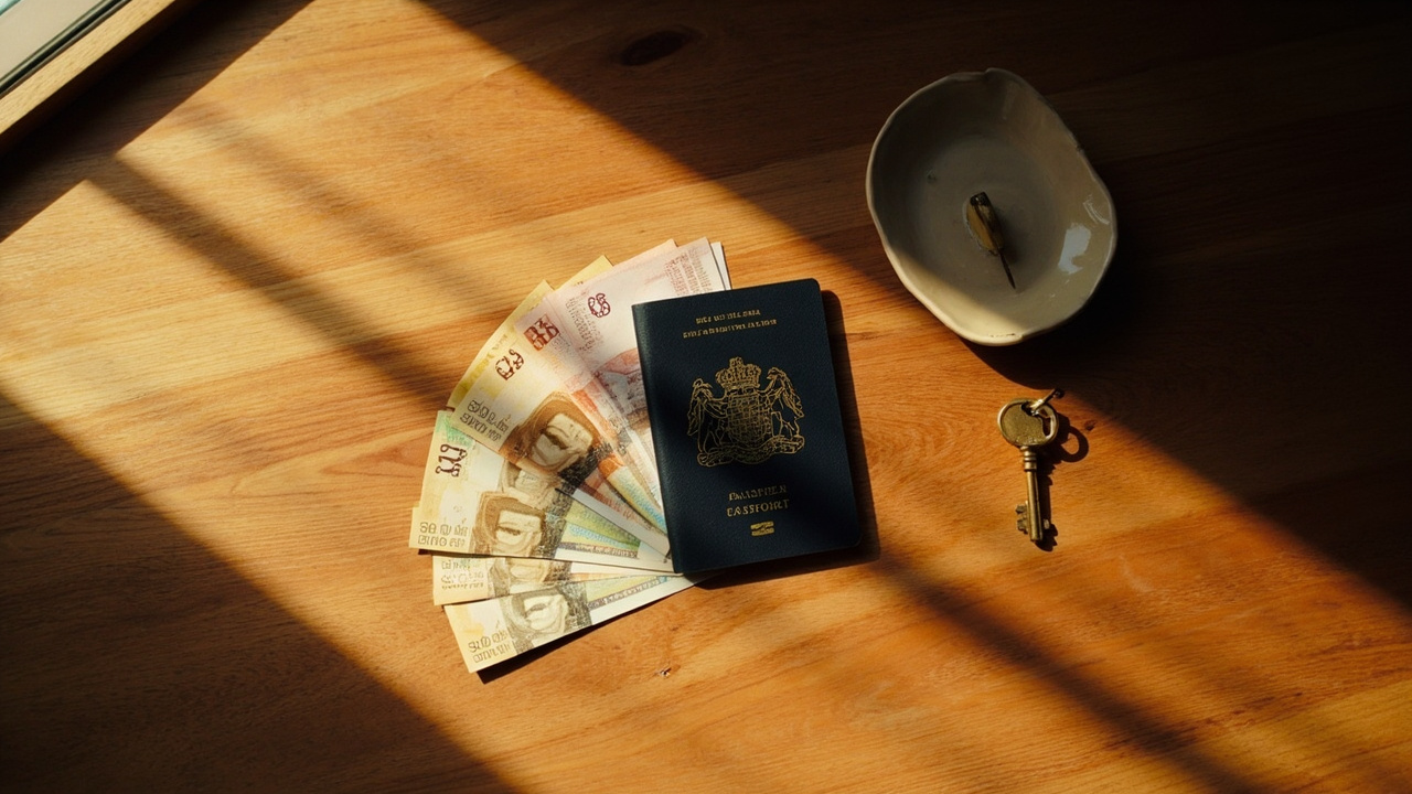 Overhead flat-lay of an Australian passport with three small stacks of generic banknotes on a warm wooden surface