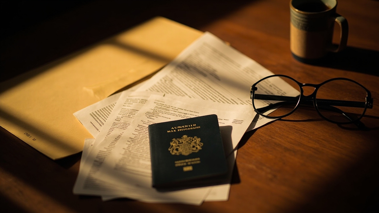 Manila folder of printed travel documents and an Australian passport on a warm wooden desk at golden hour