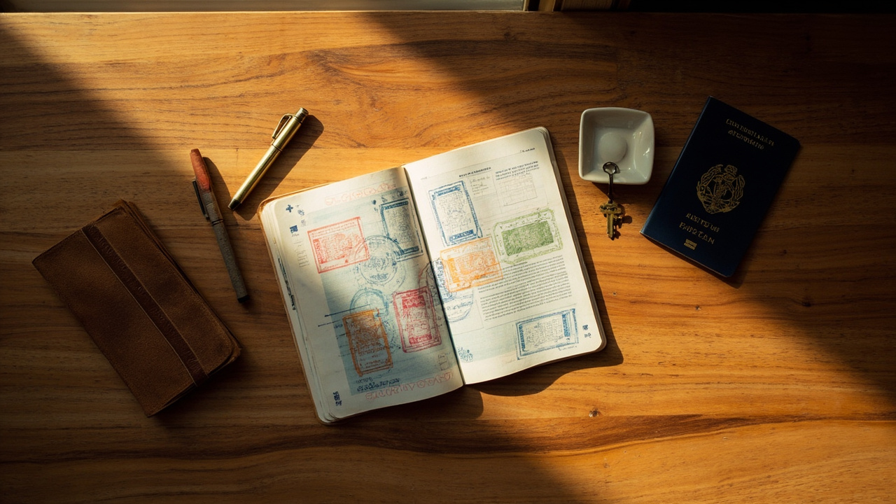 Overhead flat-lay of an Australian passport open to a page with softly-focused older entry and exit stamps