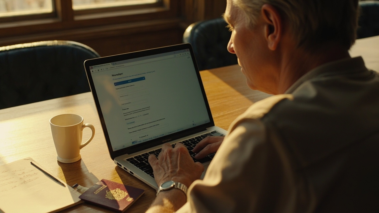 Australian traveller filling a generic visa application form on a laptop at a sunlit dining table