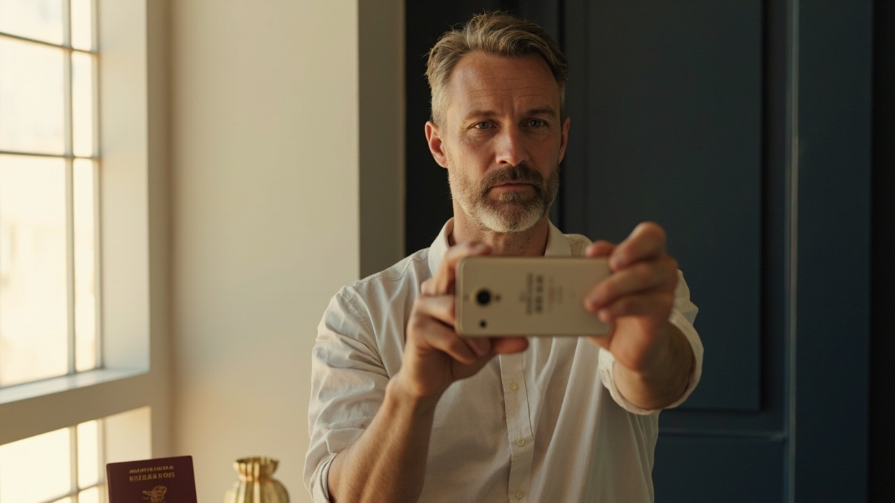 Mid-30s Australian retaking a passport photo against a sunlit white wall on a smartphone