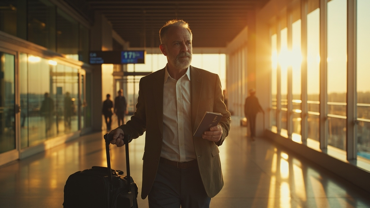 Returning Australian traveller walking through a softly lit modern arrivals corridor with a closed passport in hand at golden hour