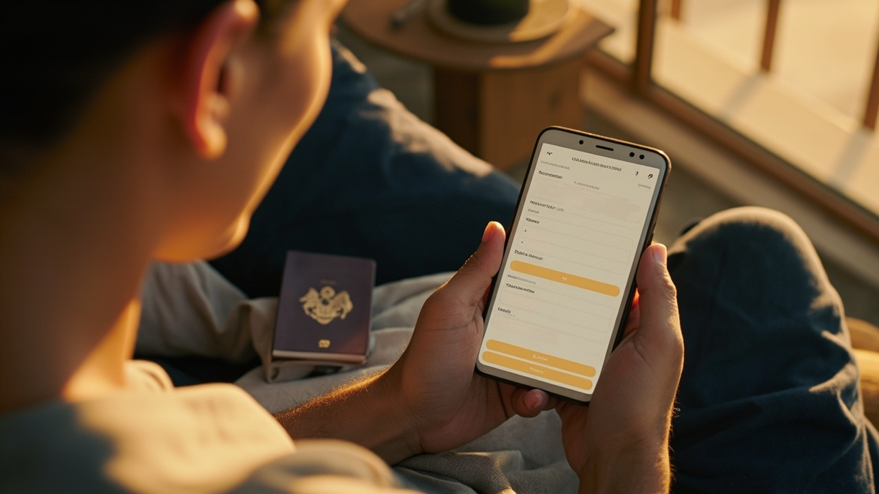 Australian traveller filling a generic mobile arrival form on a smartphone with several fields softly pre-filled at warm afternoon light
