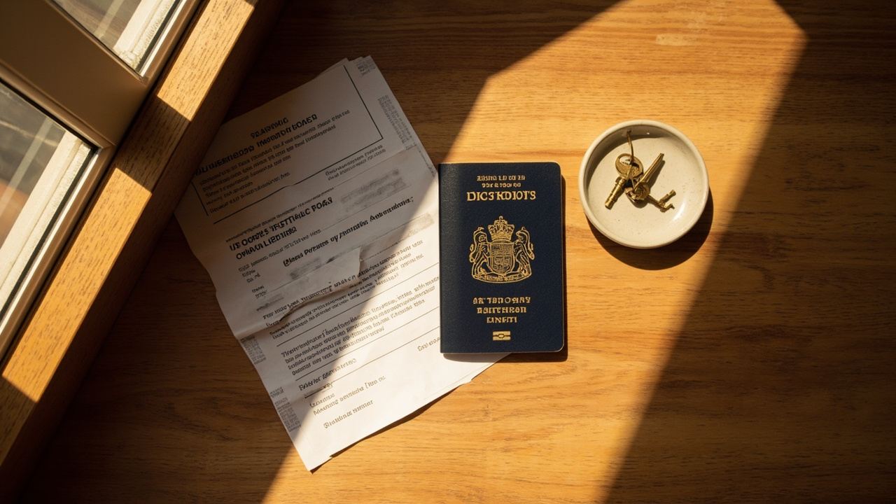 Overhead flat-lay of an Australian passport, a generic boarding pass, and a printed visa approval letter on a warm timber surface