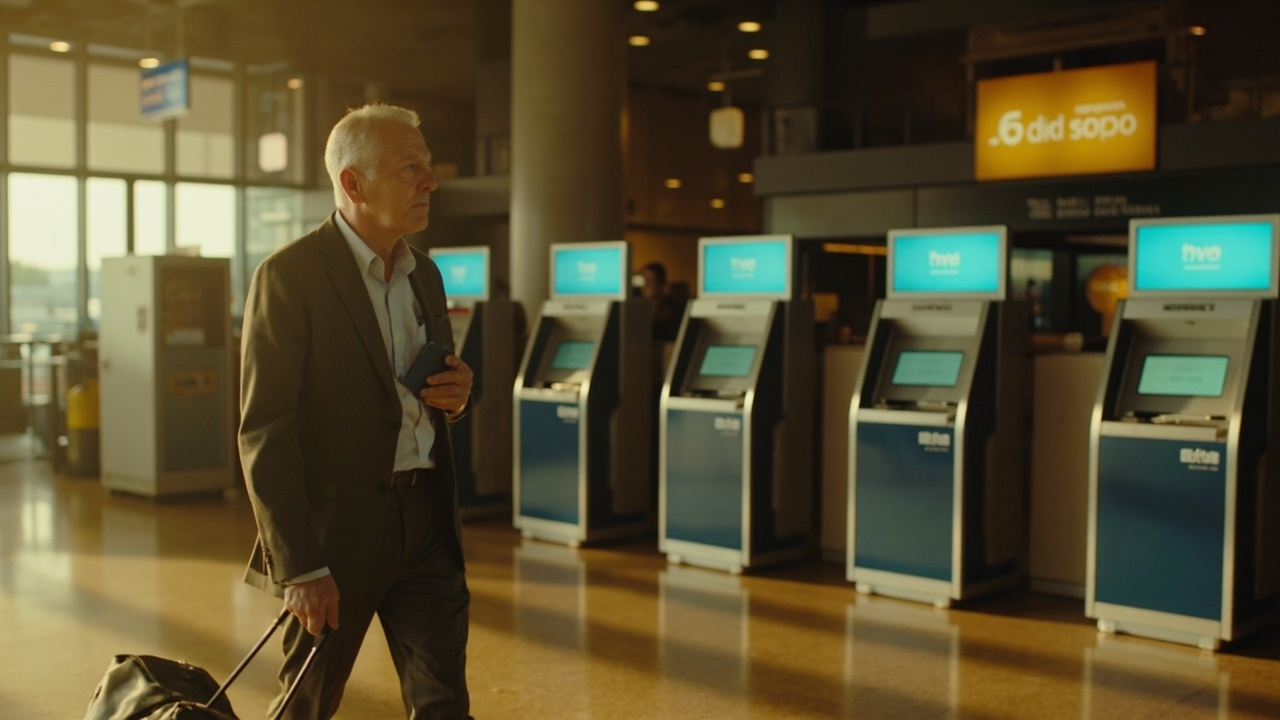Mid-shot of a returning Australian traveller walking past generic SIM kiosks and a softly-lit ATM in a modern arrivals hall