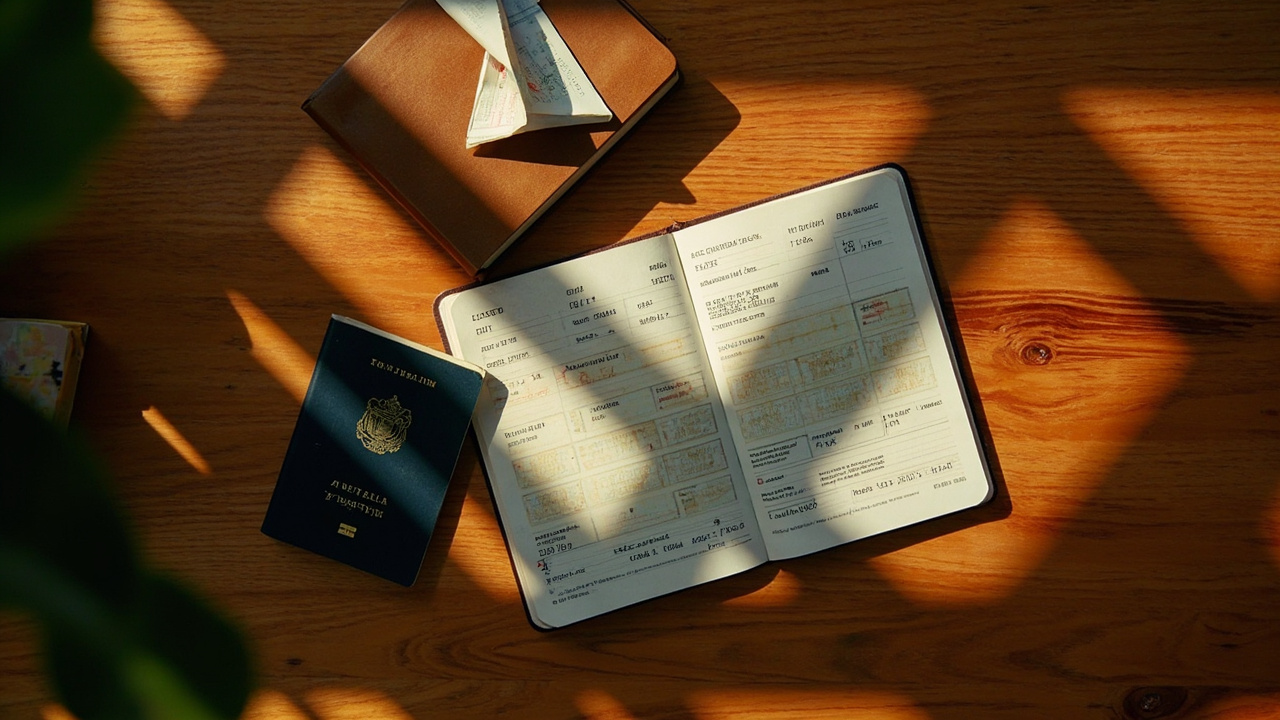 Australian passport open on a warm wooden desk beside a boarding-pass-shaped paper stub and a small notebook, mid-afternoon golden hour light