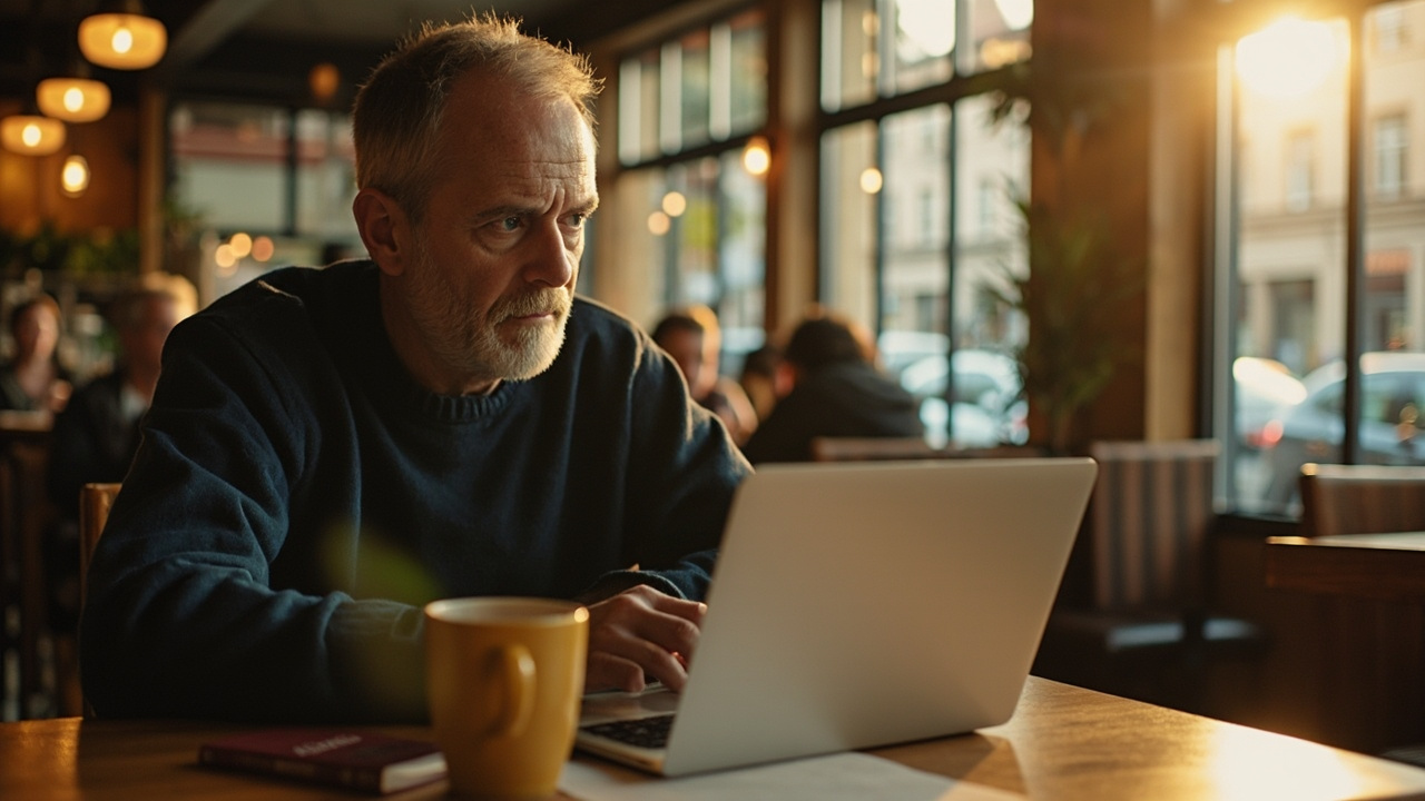 Australian traveller in their late 30s at a sunlit cafe table working on a laptop, a passport on the table beside a coffee cup, considered expression