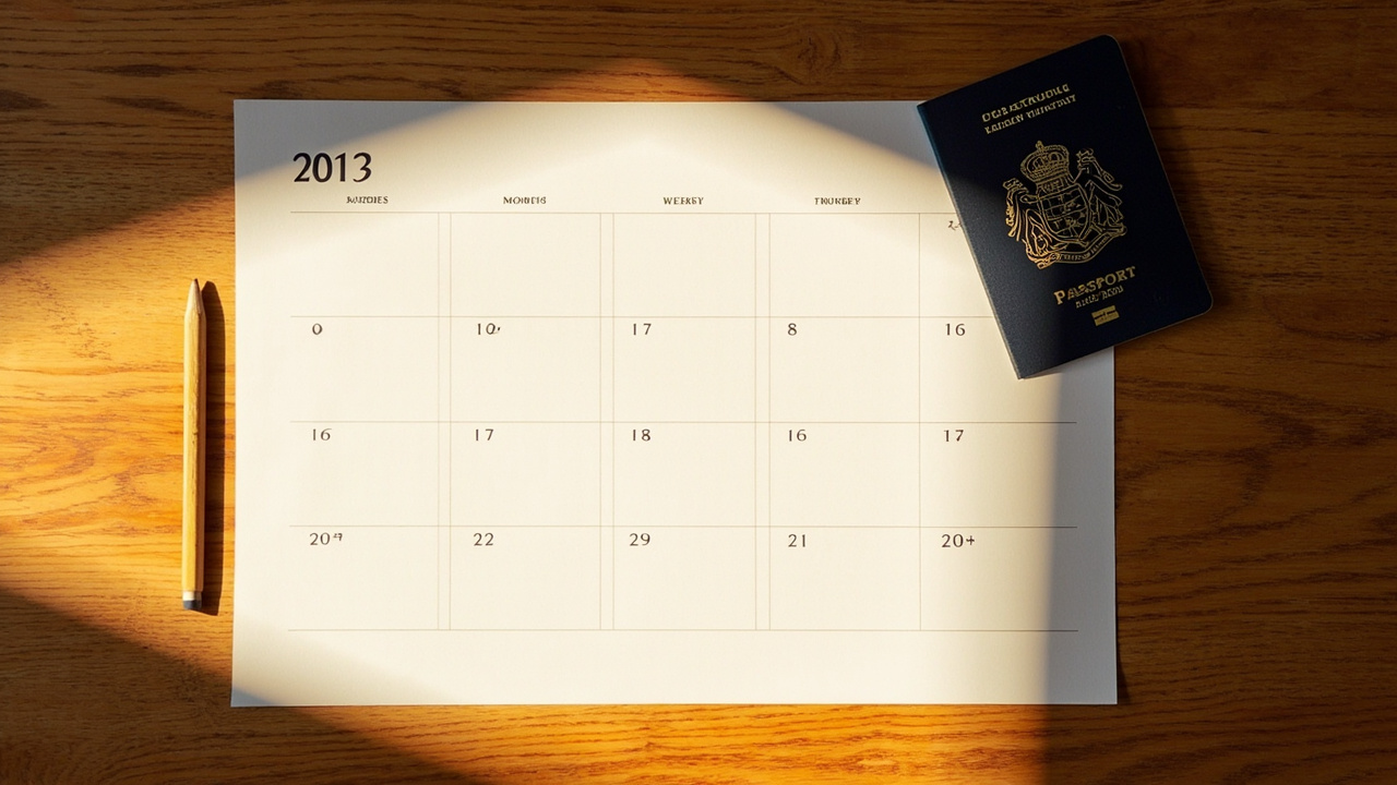 Overhead view of a paper wall calendar with four softly circled week-blocks across the year suggesting four planned Cambodia trips, beside a closed Australian passport