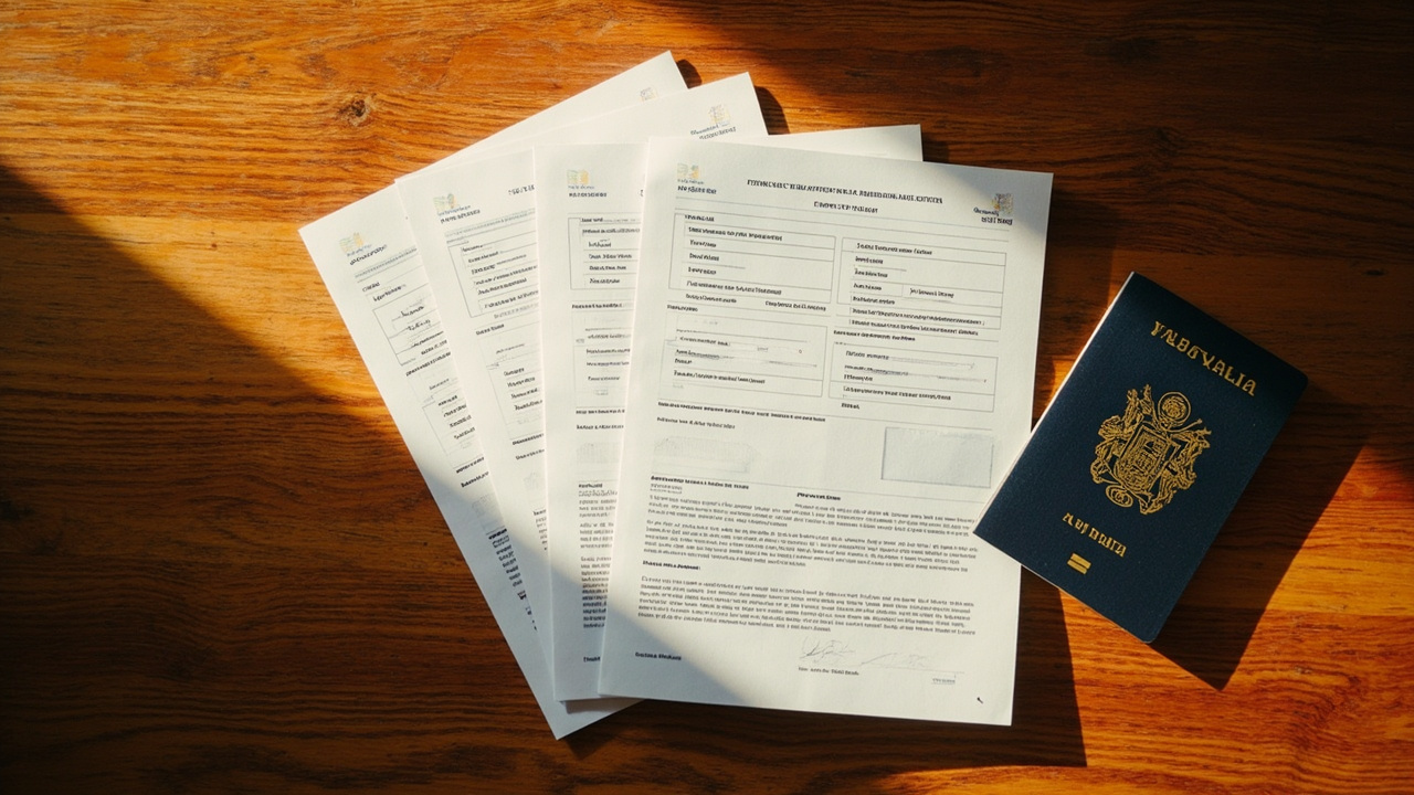 Three printed eVisa-style A4 PDFs softly stacked on a warm wooden desk beside an Australian passport at golden hour, with text deliberately not legible