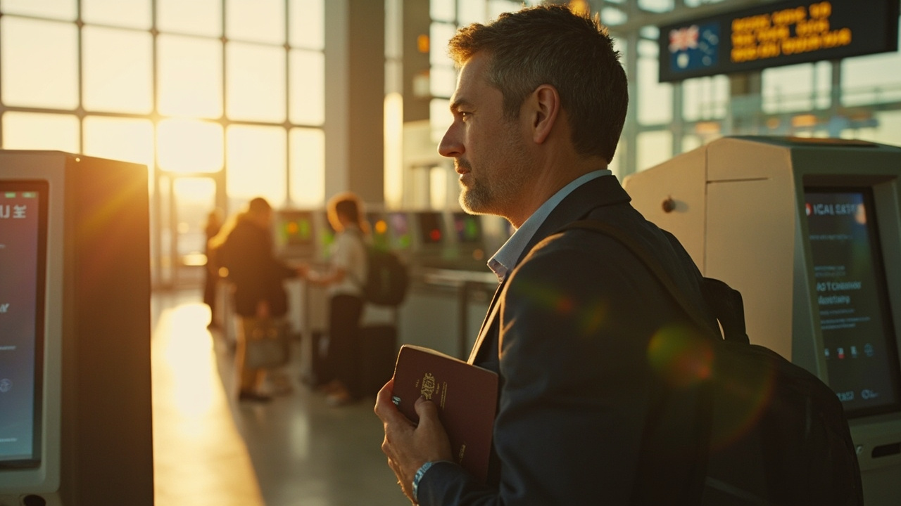 Australian traveller in their 30s waiting at a generic e-gate-style airport biometric kiosk with their passport in hand, calm and unhurried, warm natural light