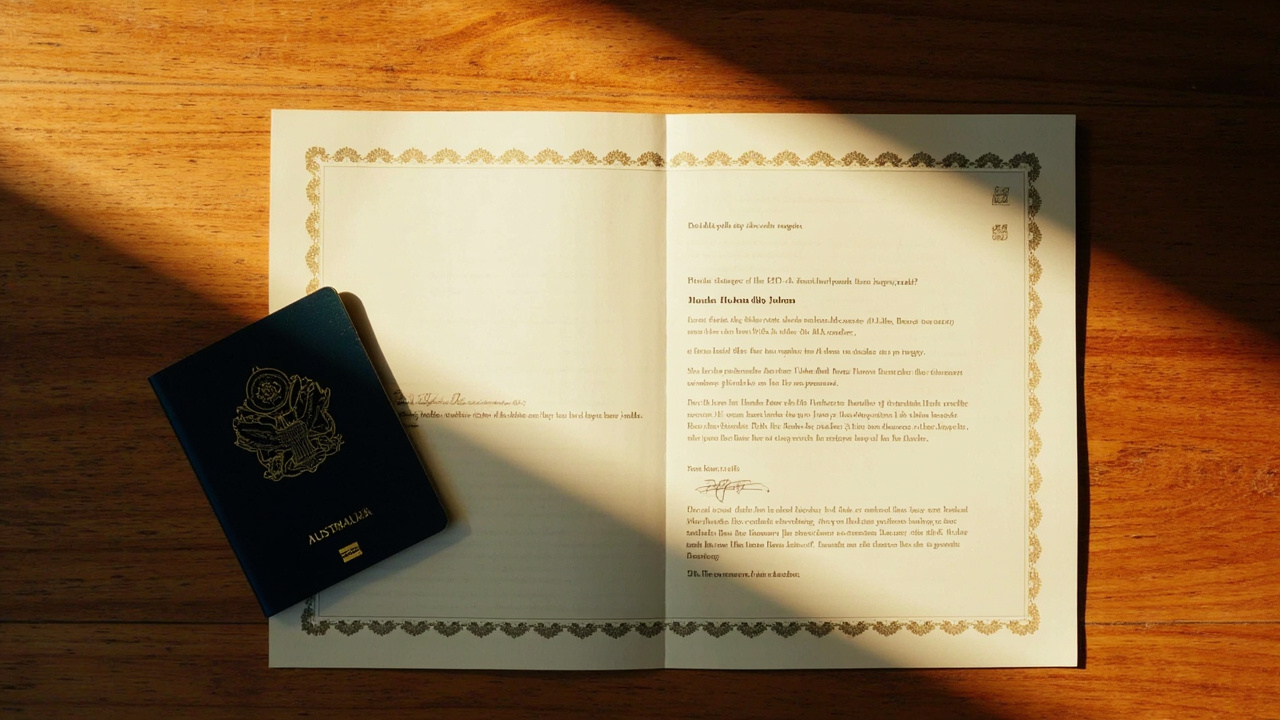 Overhead flat-lay of an Australian passport beside an unreadable formal certificate-style document on a warm timber desk, golden hour light
