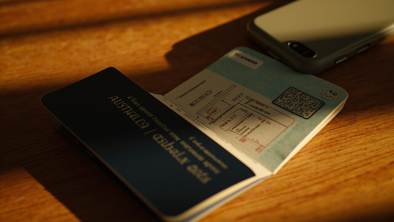 Australian passport open to its bio-data page on a warm desk, with the data fields softened so no name or number is legible, alongside a smartphone showing a generic scan interface