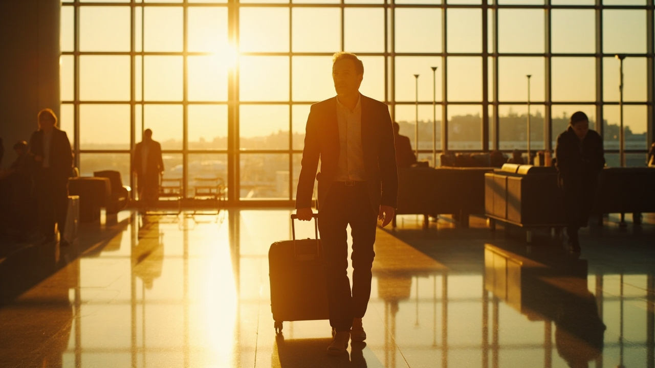 Australian business traveller in their late 30s walking through a sunlit Asian airport terminal with a small wheeled cabin bag, calm and unhurried at golden hour