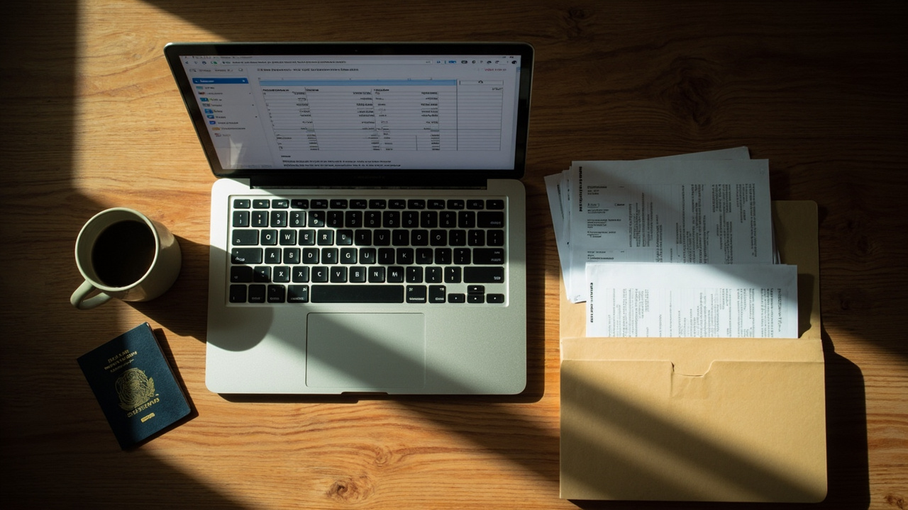 Overhead flat-lay of a laptop and an organised paper folder of trip receipts on a warm timber desk in late-afternoon light