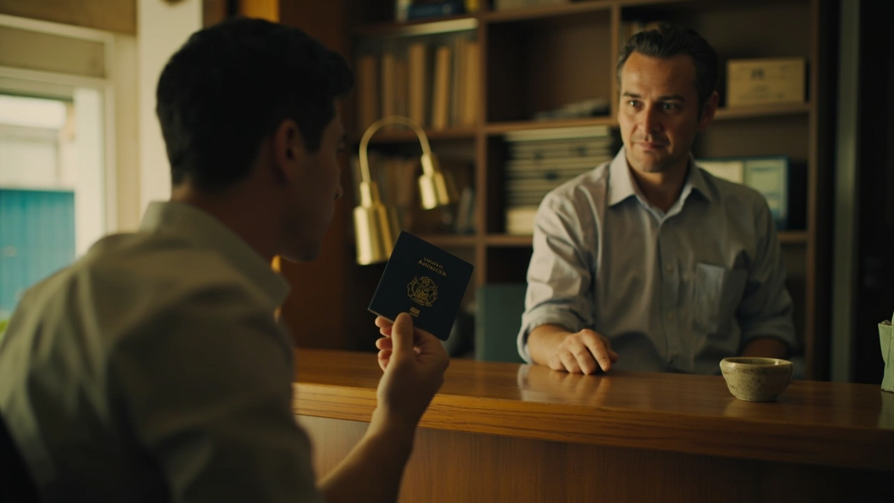 Quiet immigration agent office counter with an Australian traveller sliding a passport across a warm wooden desk to an agent's hands