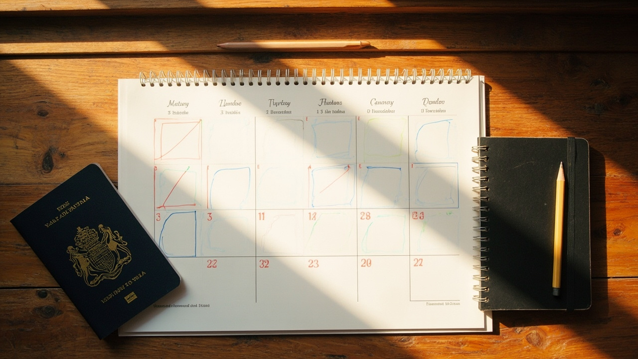 Overhead flat-lay of a paper desk calendar with four week-blocks softly circled across the year next to an Australian passport on warm timber