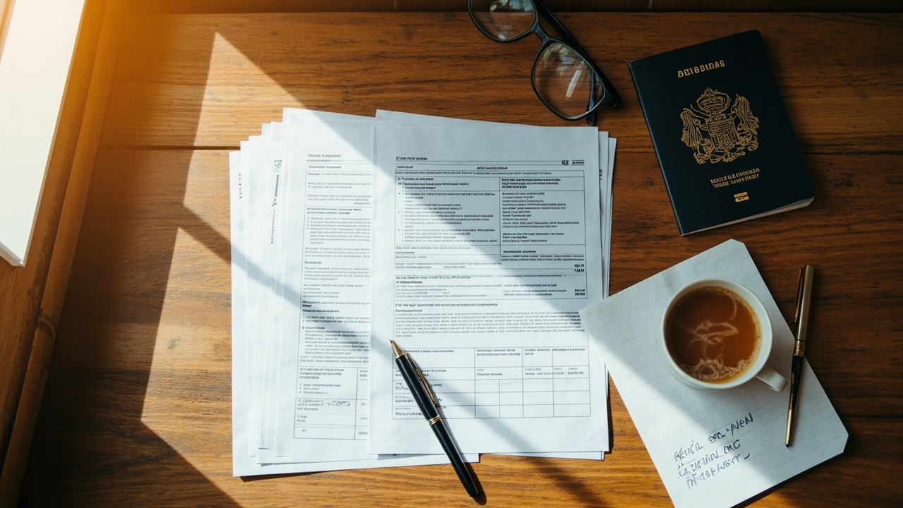 Overhead flat-lay of generic travel-insurance paperwork with a teacup, reading glasses and an Australian passport in warm afternoon light