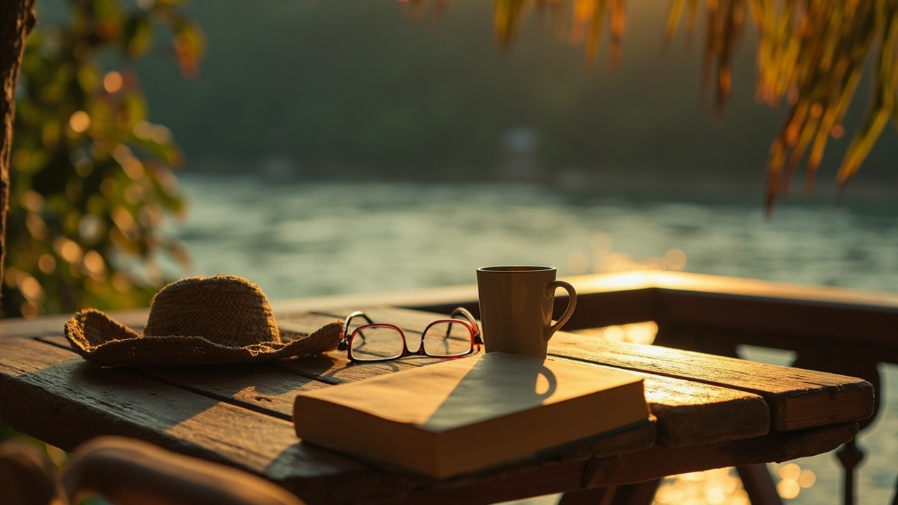 Quiet Kampot riverside cafe still life with a coffee, paper book, and palm shadows at warm afternoon light