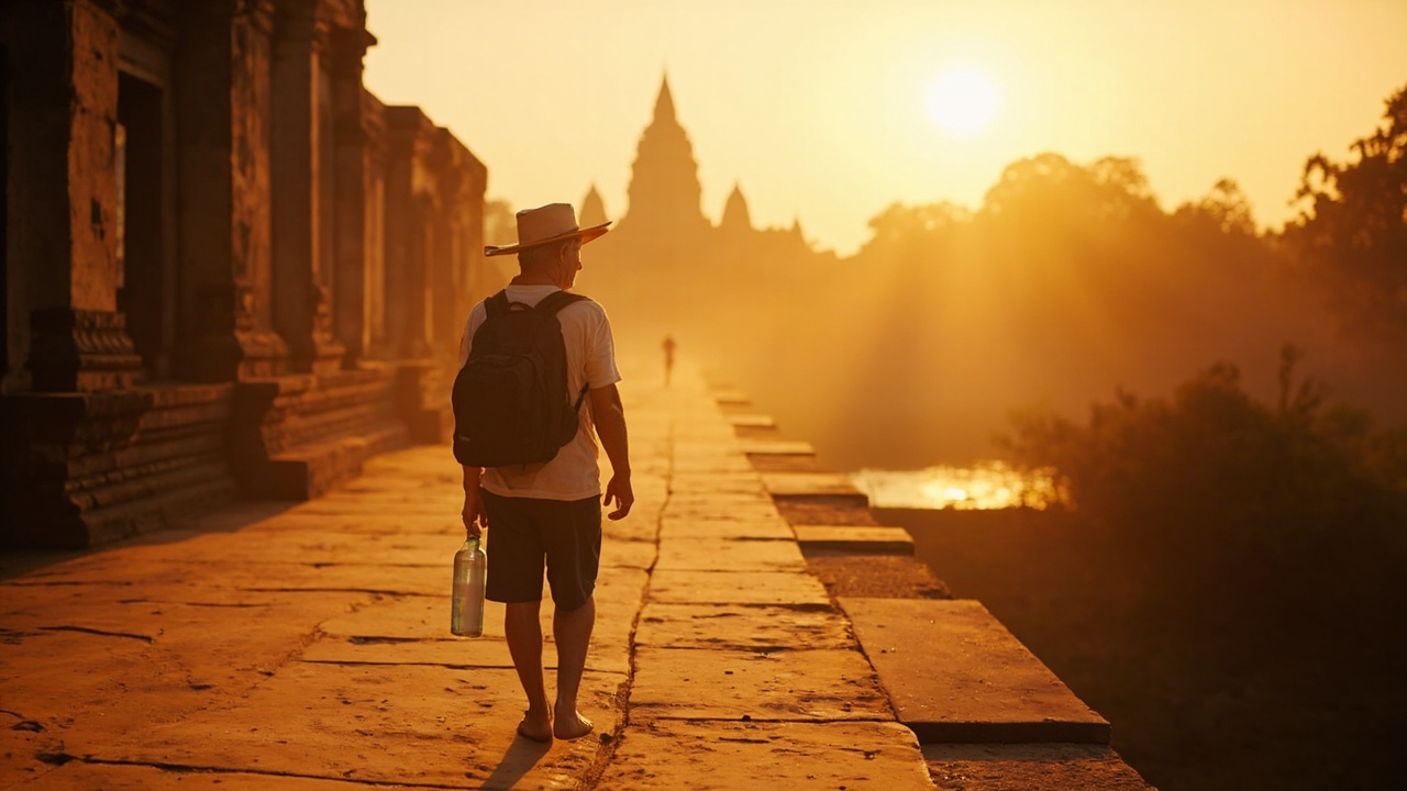 Australian retiree walking slowly along a quiet sandstone temple causeway at sunrise in Siem Reap, warm soft tones and gentle pace